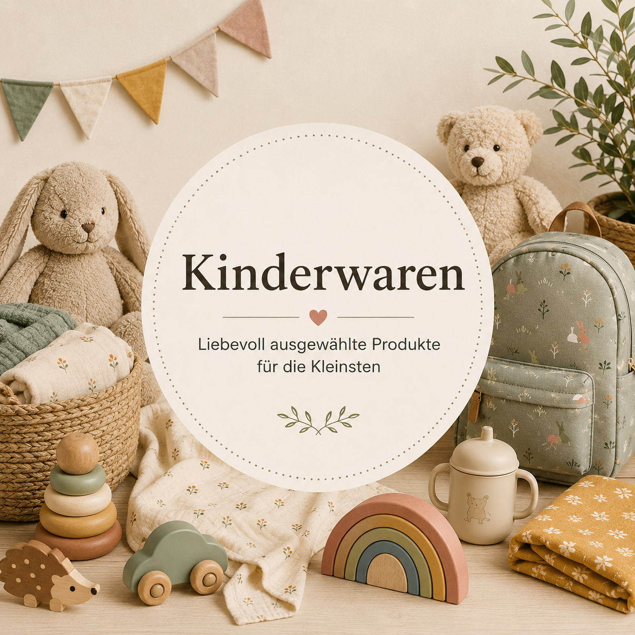 Kinderwaren Kategorie mit ausgewählten Baby- und Kinderprodukten, Spielzeug, Rucksack, Trinkflasche, Kuscheltieren und Accessoires in warmem, modernem Stil.