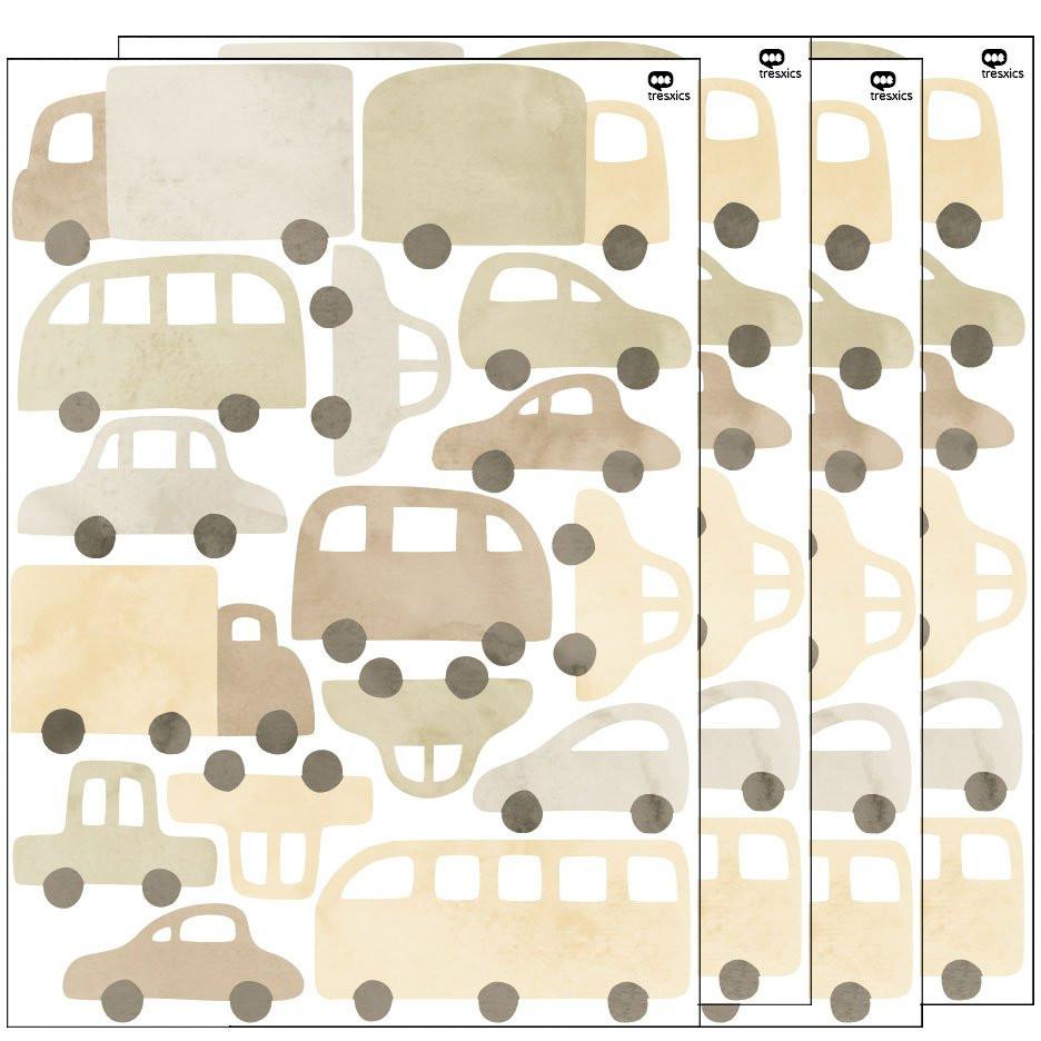 Wandaufkleber Autos & Lastwagen Blau – 16 Fahrzeug-Sticker aus mattem Vinyl, Kinderzimmer Deko, ablösbar, Aquarell-Design.