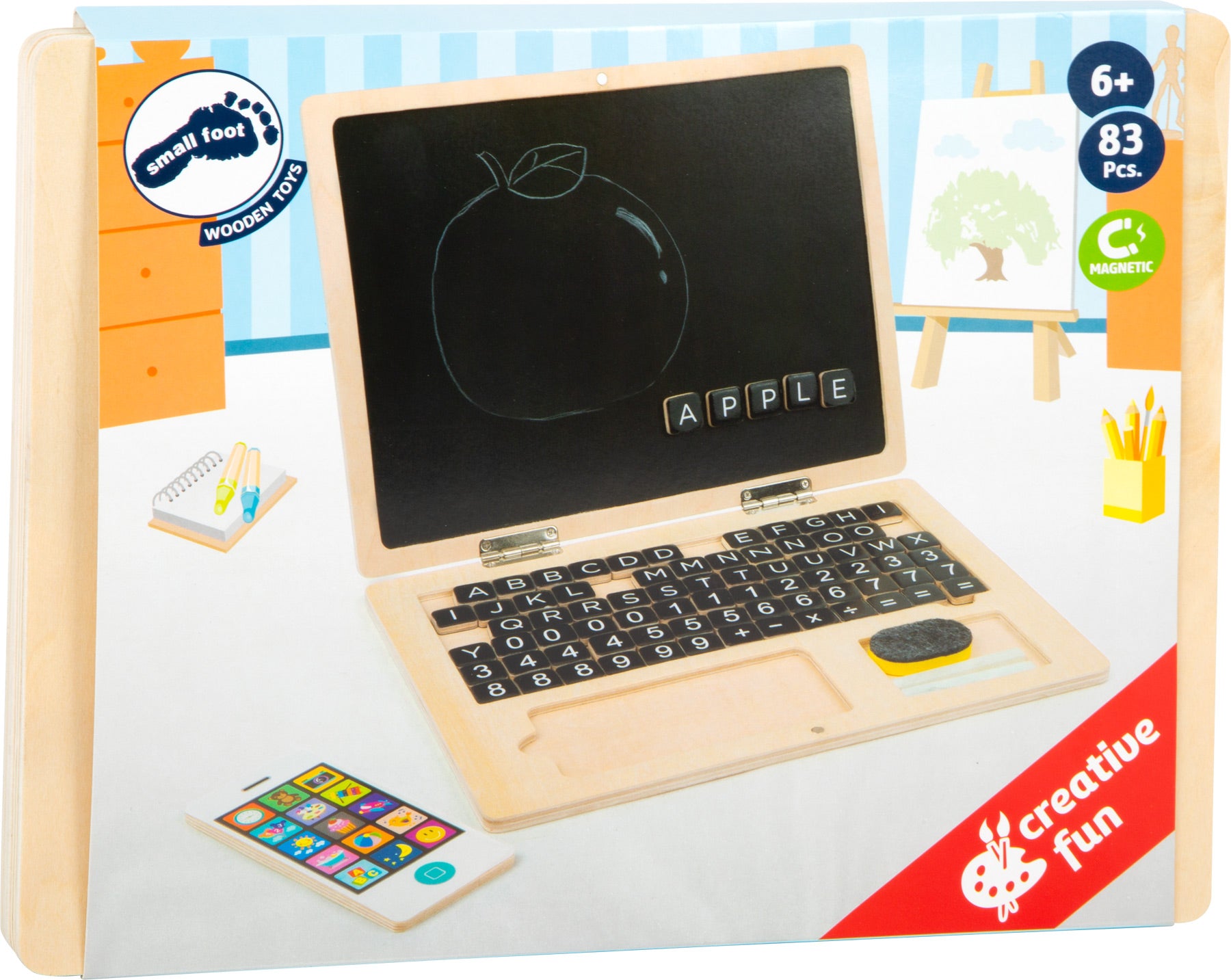 small foot Holz-Laptop mit Magnet-Tafel – Lernspiel mit Buchstaben, Zahlen & Kreide