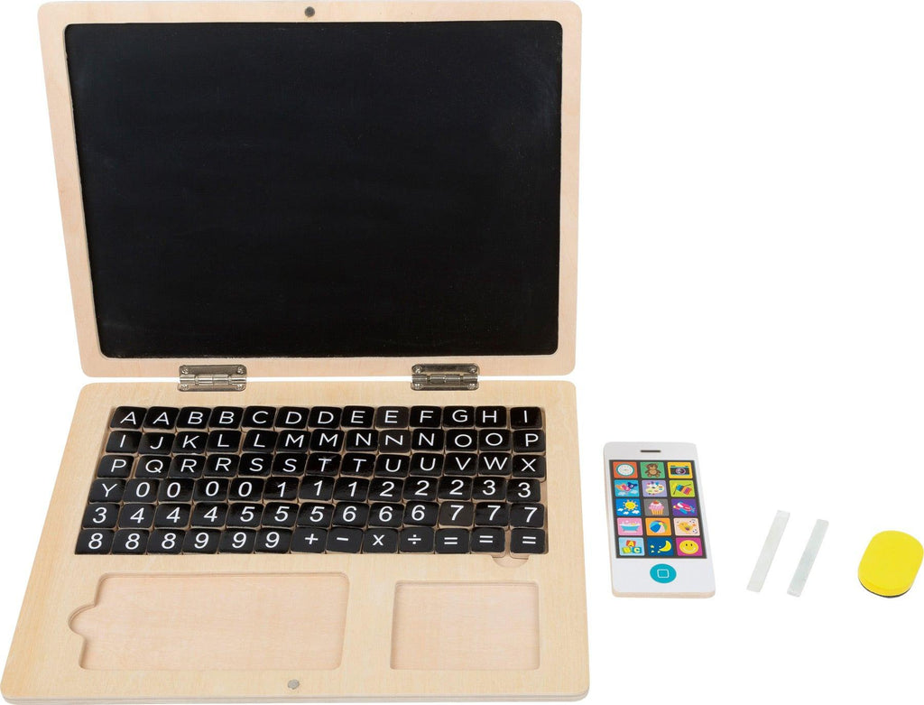 small foot Holz-Laptop mit Magnet-Tafel – Lernspiel mit Buchstaben, Zahlen & Kreide.