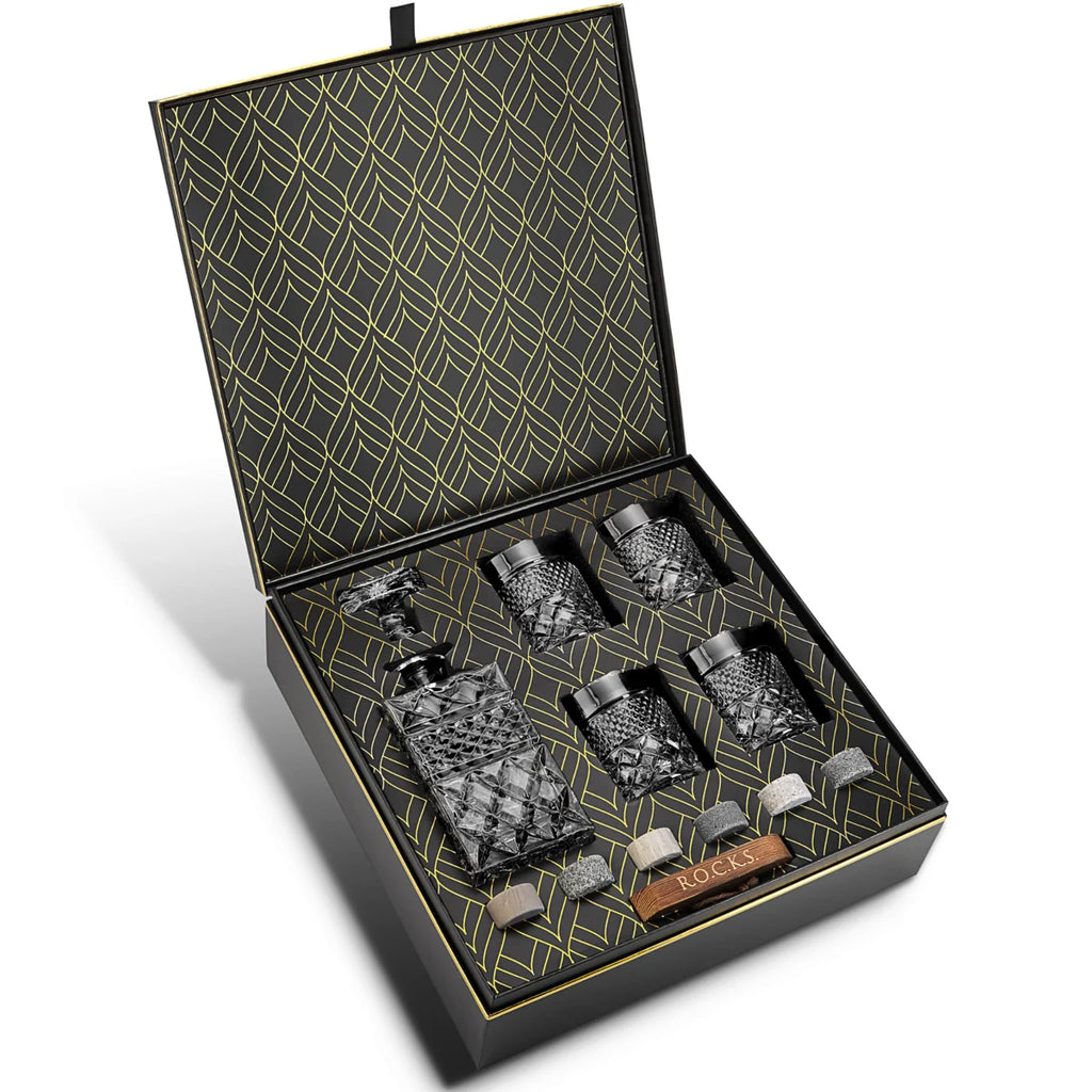 Whiskey Dekanter Geschenkset mit 4 Gläsern & Granit Kühlsteinen 650 ml