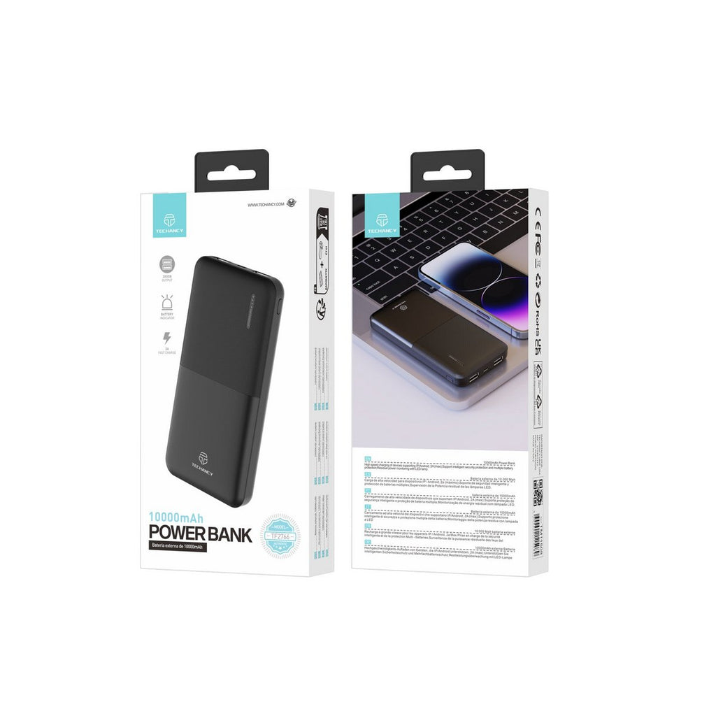 Techancy Powerbank 10000 mAh 2A 2x USB-A USB-C LED TF2766 Schwarz