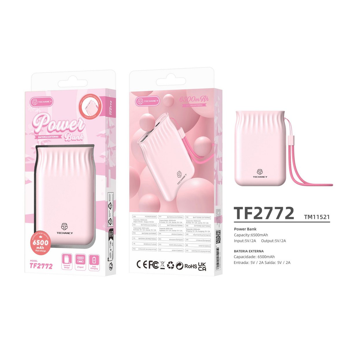 Techancy Powerbank 6500 mAh 2A USB-A USB-C Micro USB TF2772 Weiß Rosa