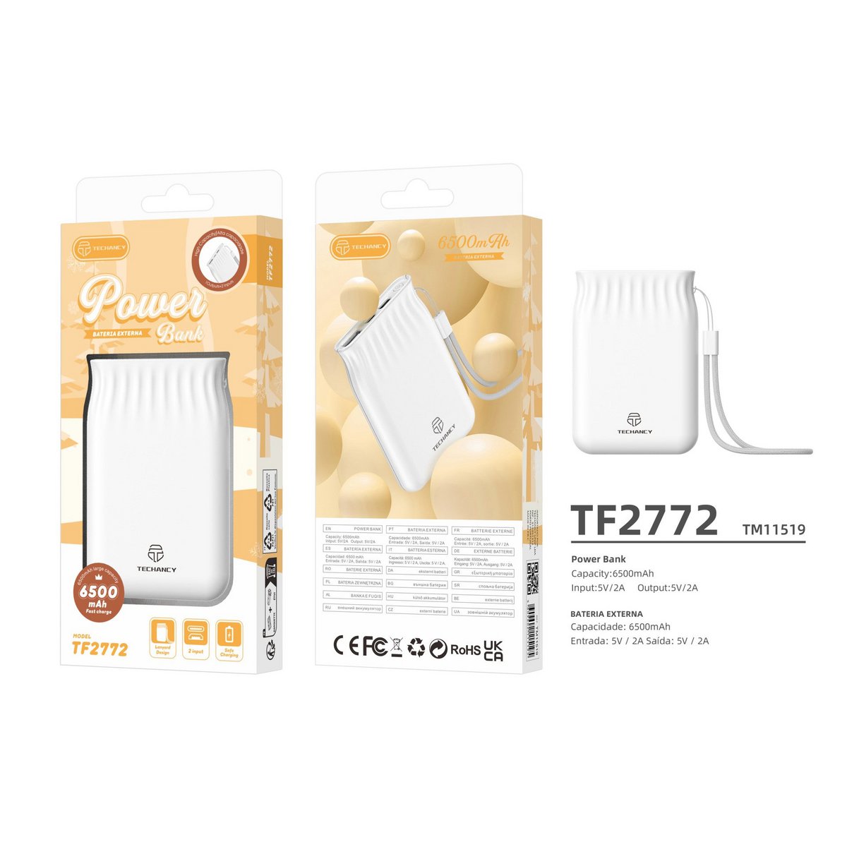 Techancy Powerbank 6500 mAh 2A USB-A USB-C Micro USB TF2772 Weiß Rosa
