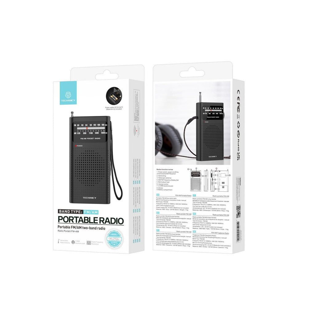 Techancy MJ2924 Tragbares Radio FM AM 3,5mm Kopfhörer Batteriebetrieb Schwarz