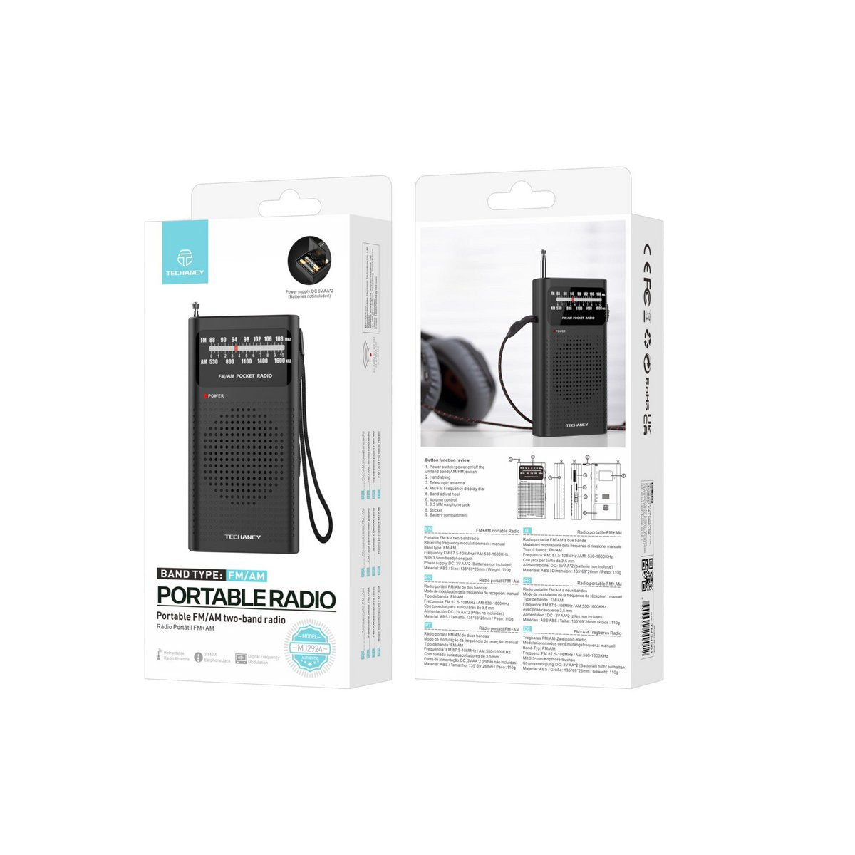 Techancy MJ2924 Tragbares Radio FM AM 3,5mm Kopfhörer Batteriebetrieb Schwarz