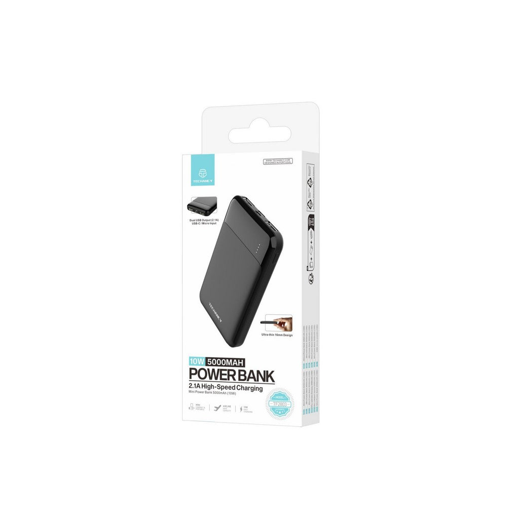 Techancy Mini Powerbank 5000 mAh 10W 2x USB-A USB-C LED TF2803 Schwarz