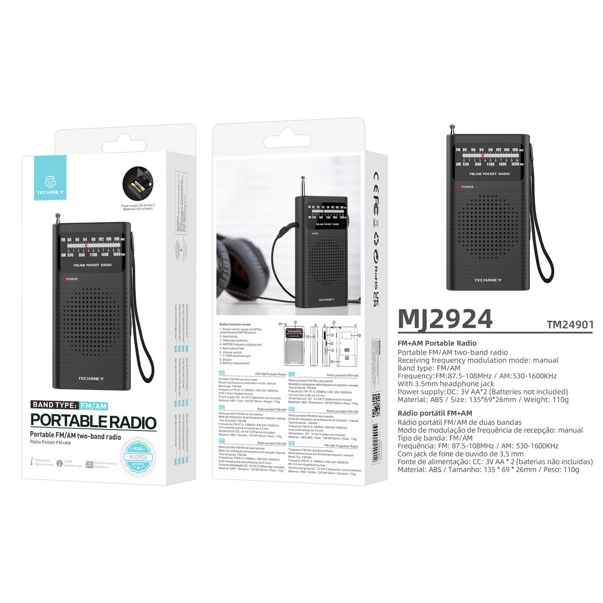 Techancy MJ2924 Tragbares Radio FM AM 3,5mm Kopfhörer Batteriebetrieb Schwarz
