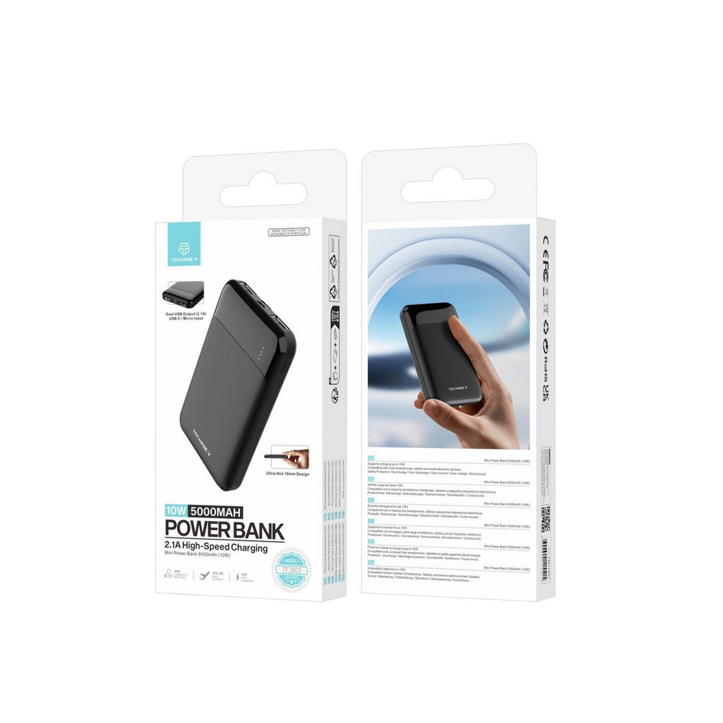 Techancy Mini Powerbank 5000 mAh 10W 2x USB-A USB-C LED TF2803 Schwarz