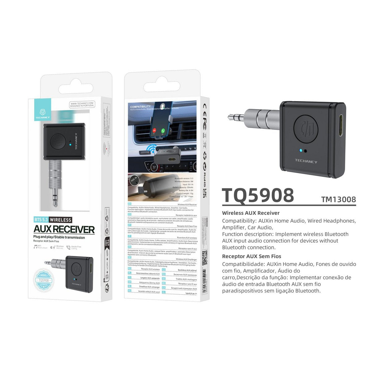 Techancy TQ5908 Bluetooth 5.3 AUX Empfänger 3,5 mm USB-C Auto Stereo