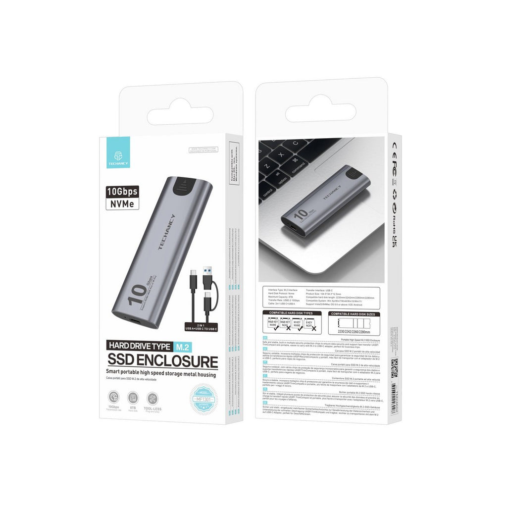 Techancy M.2 NVMe SSD Gehäuse 10 Gbit/s USB-C USB-A bis 8 TB MF1301 Grau
