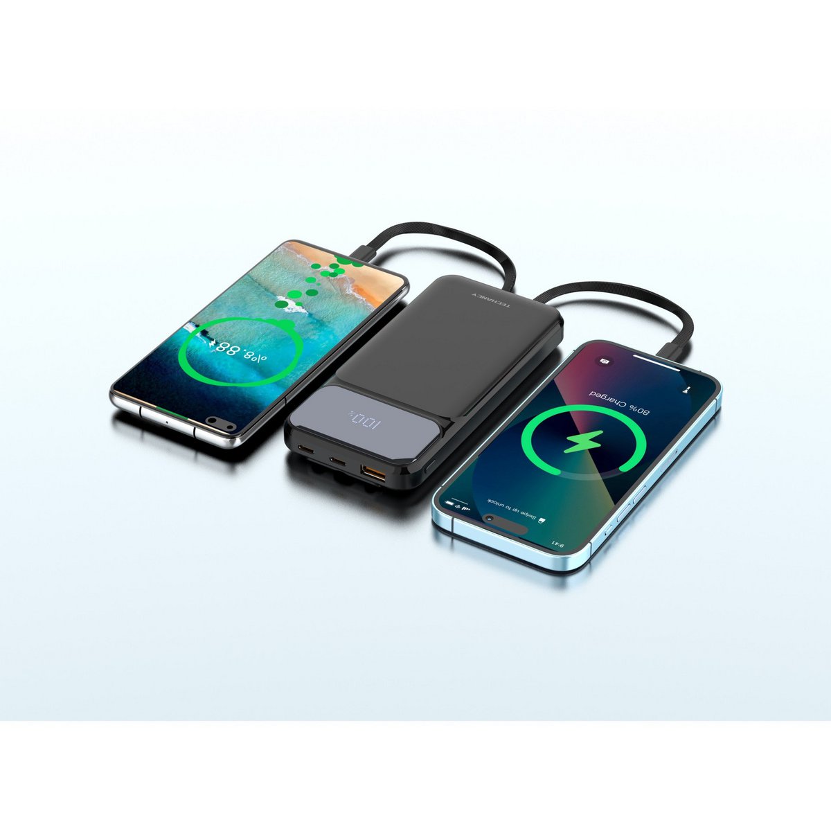 Techancy Powerbank 10000 mAh 22,5W USB-C 3in1 Kabel Display TF2782 Schwarz