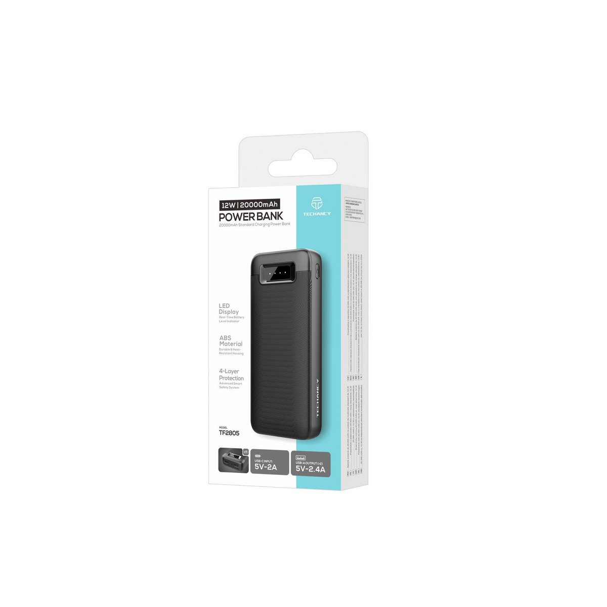 Techancy Powerbank 20000 mAh 12W USB-C 2x USB-A LED Anzeige TF2805 Schwarz