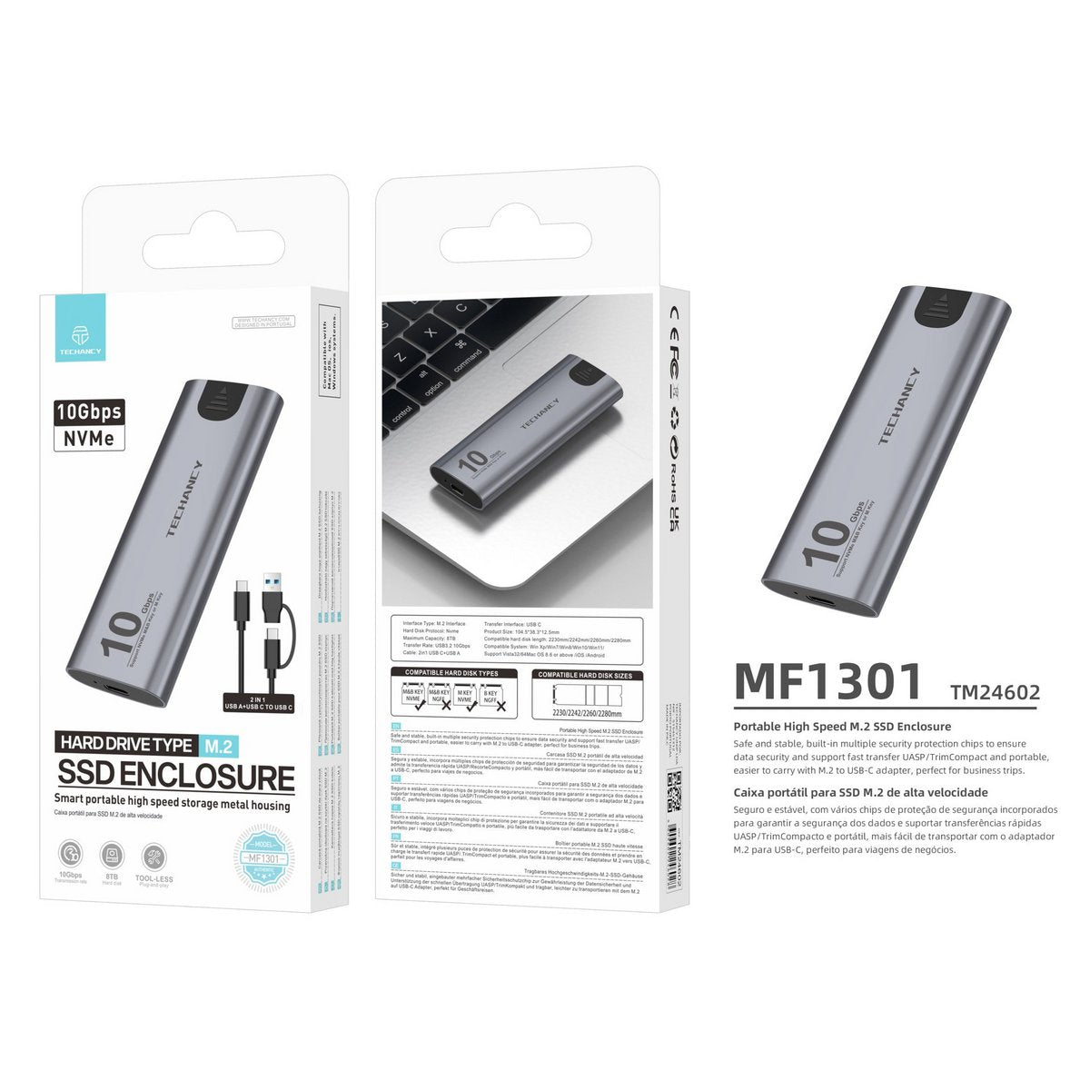 Techancy M.2 NVMe SSD Gehäuse 10 Gbit/s USB-C USB-A bis 8 TB MF1301 Grau
