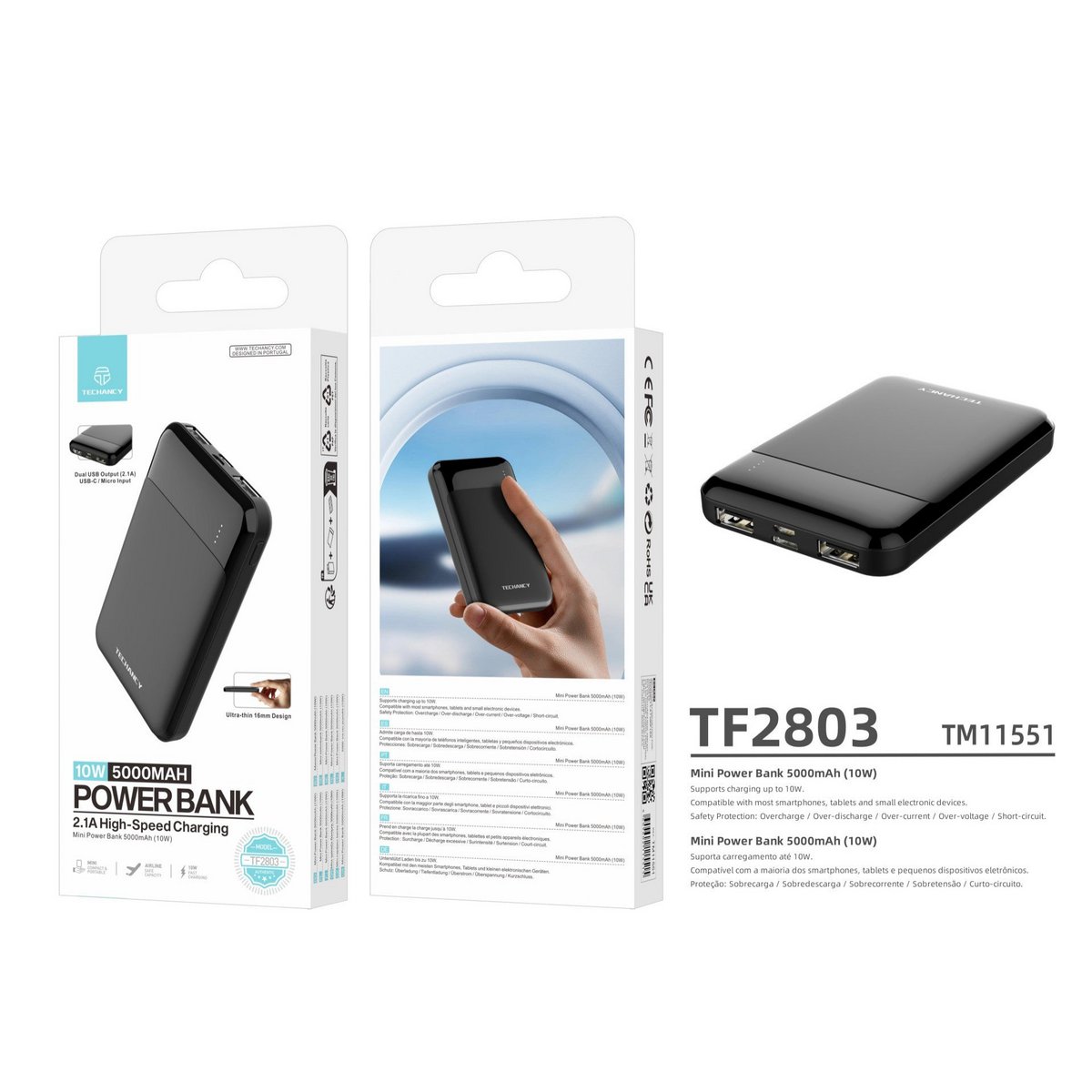 Techancy Mini Powerbank 5000 mAh 10W 2x USB-A USB-C LED TF2803 Schwarz
