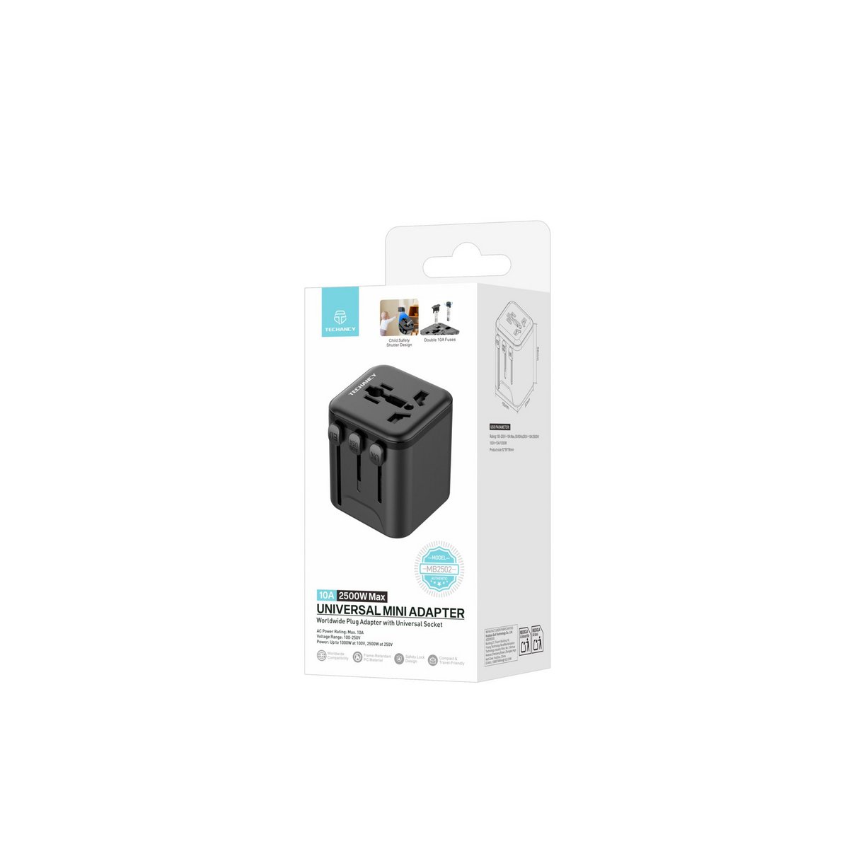 Techancy Universal Reiseadapter MB2502 2500W 10A UK EU US AUS Schwarz
