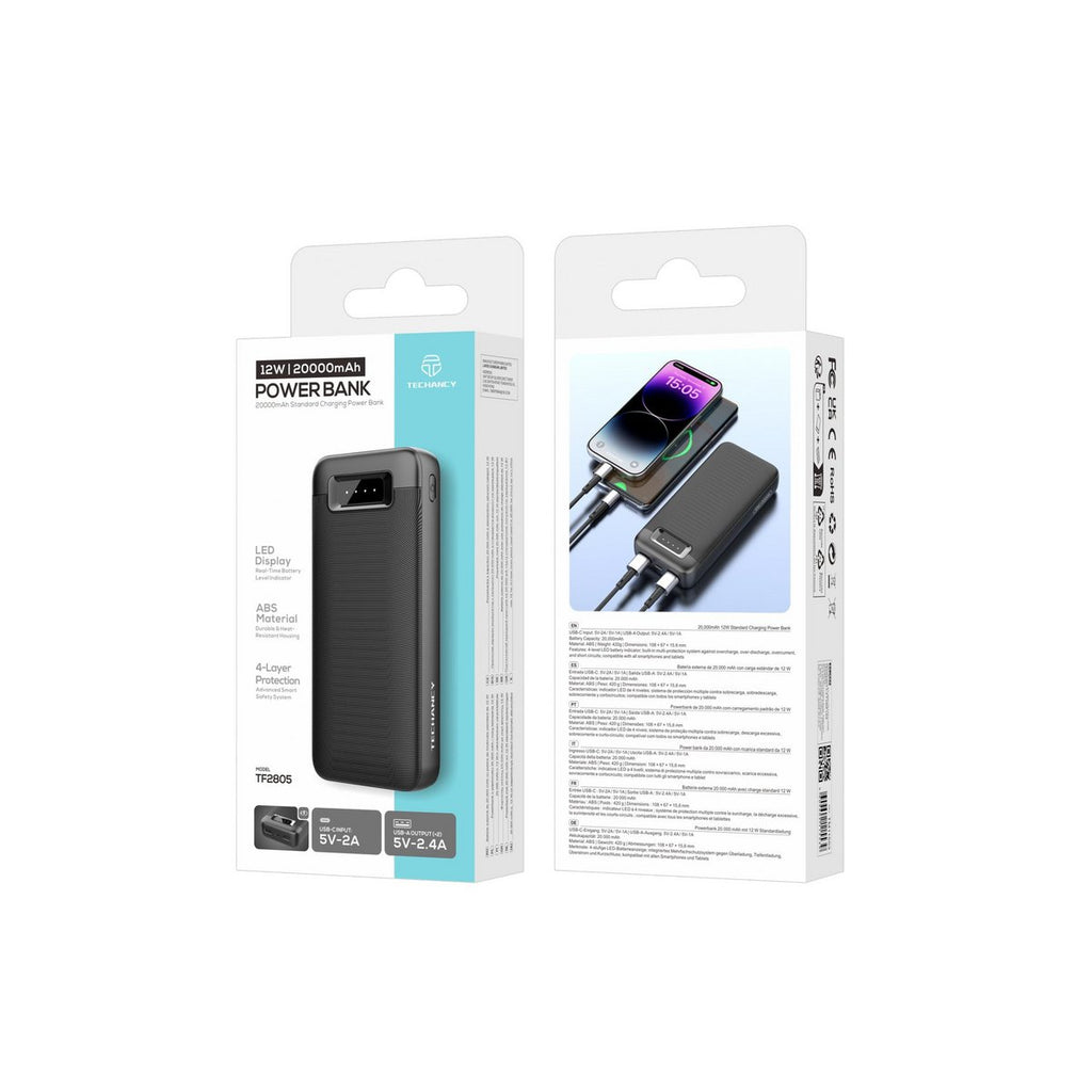 Techancy Powerbank 20000 mAh 12W USB-C 2x USB-A LED Anzeige TF2805 Schwarz