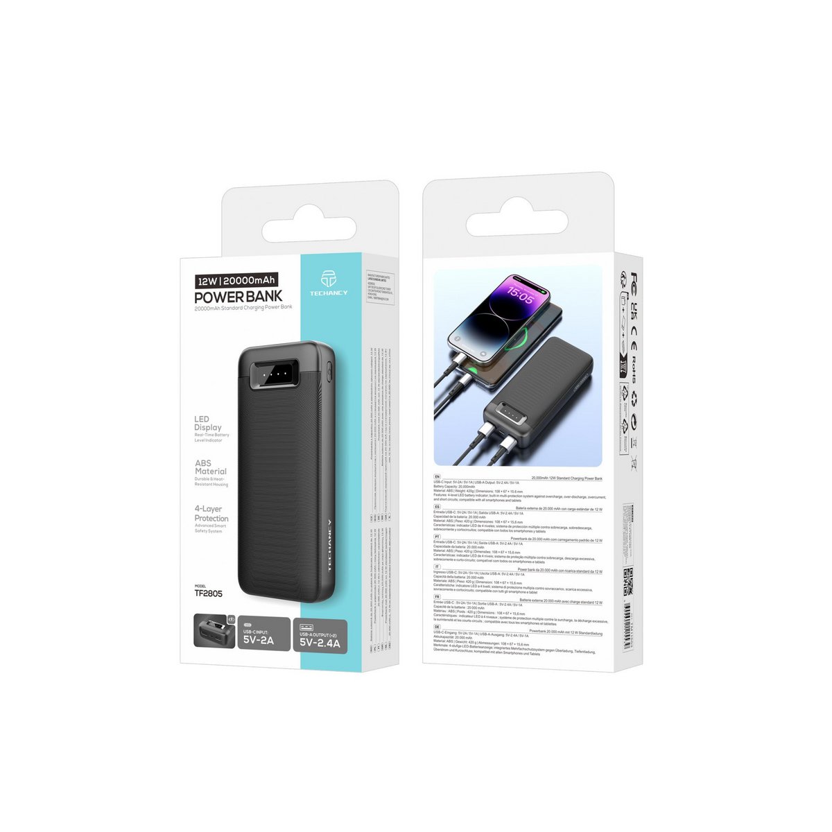 Techancy Powerbank 20000 mAh 12W USB-C 2x USB-A LED Anzeige TF2805 Schwarz
