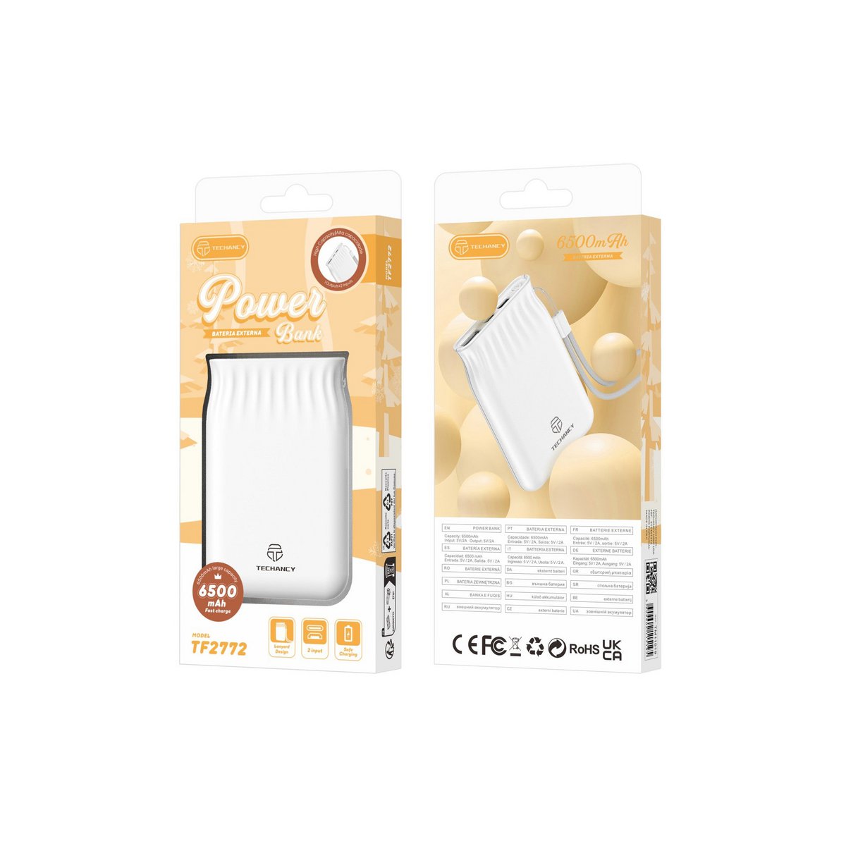 Techancy Powerbank 6500 mAh 2A USB-A USB-C Micro USB TF2772 Weiß Rosa