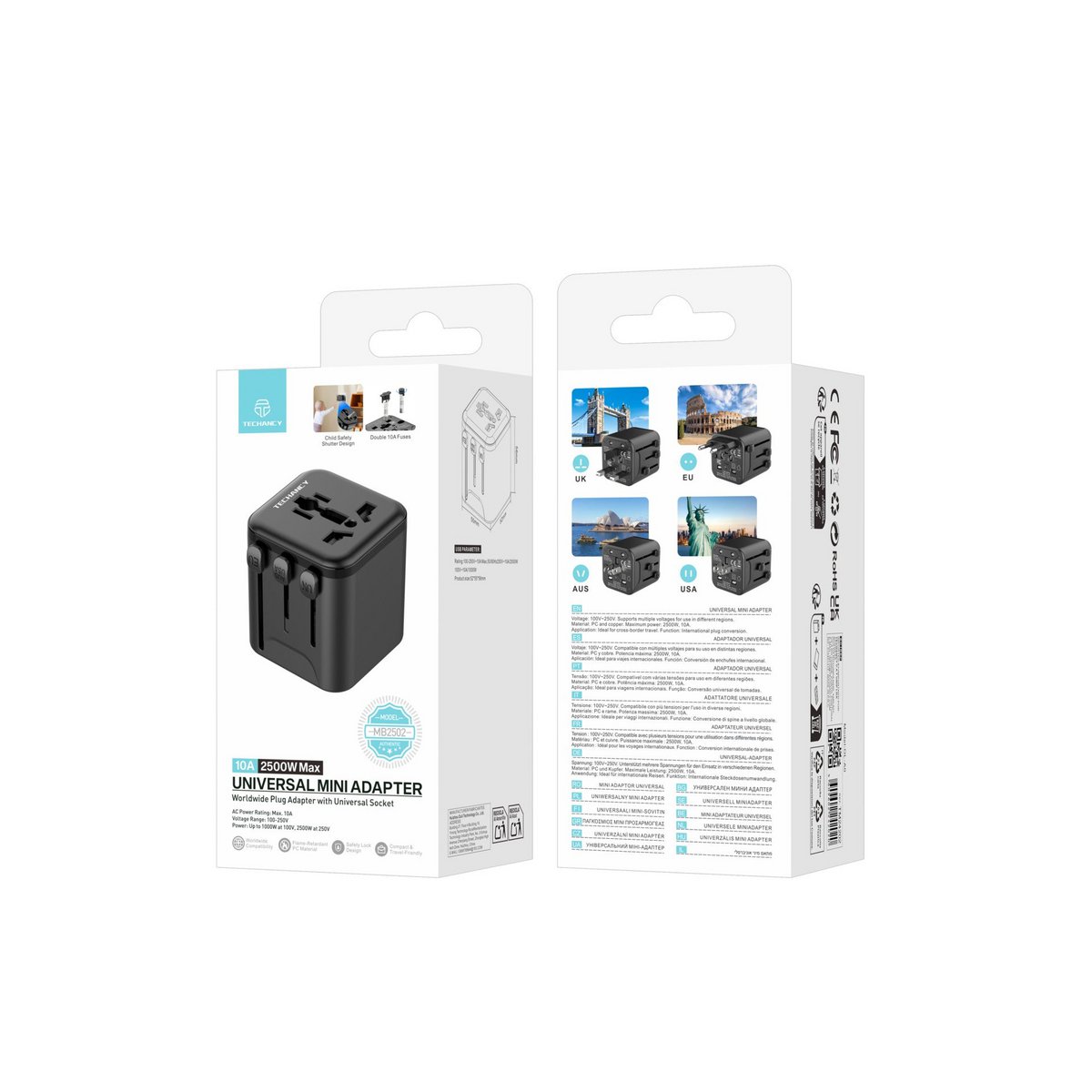Techancy Universal Reiseadapter MB2502 2500W 10A UK EU US AUS Schwarz