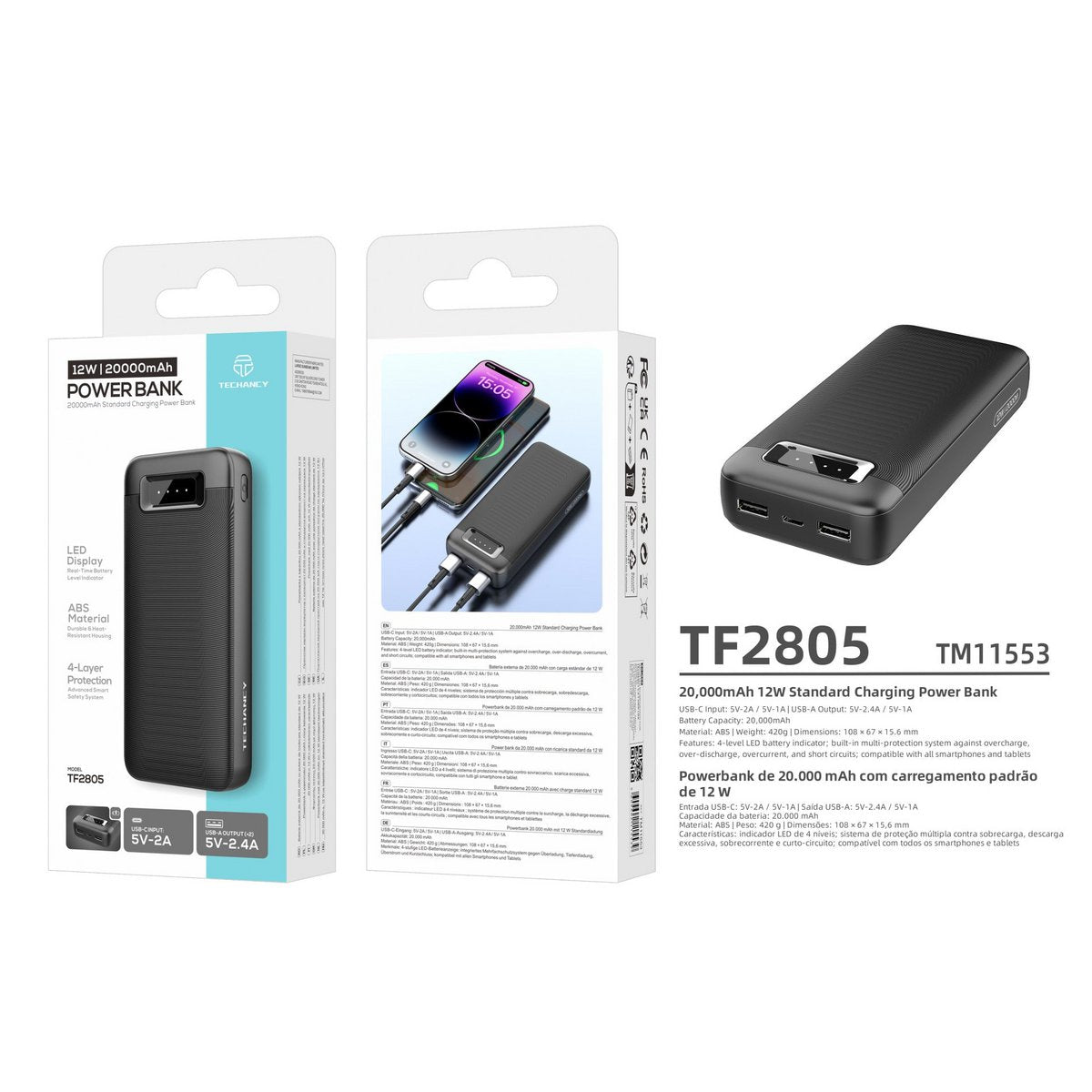 Techancy Powerbank 20000 mAh 12W USB-C 2x USB-A LED Anzeige TF2805 Schwarz