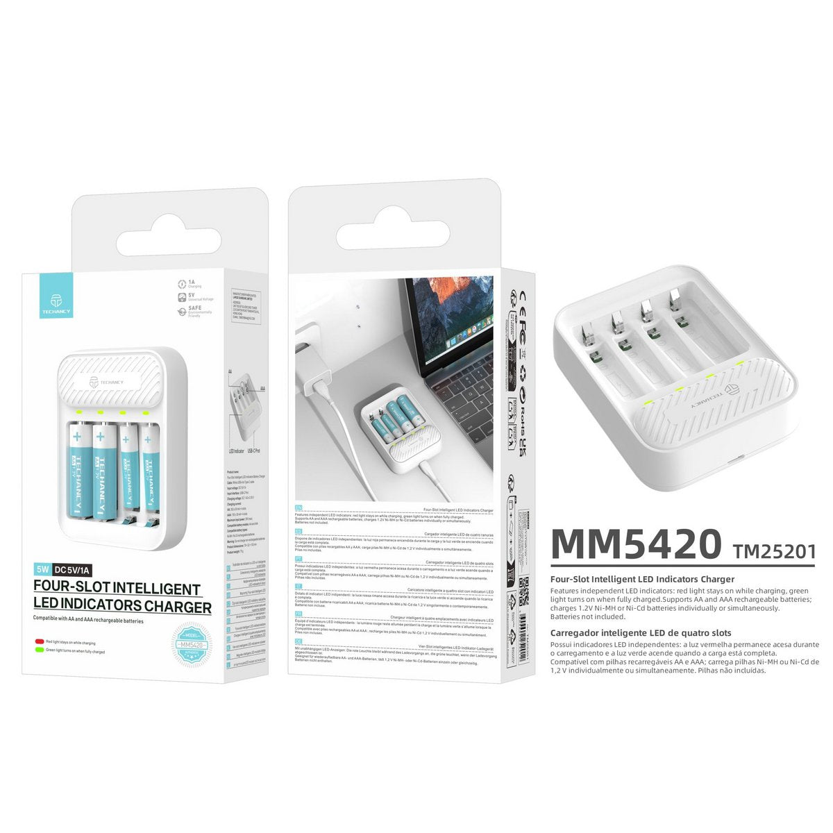 Techancy MM5420 Akku Ladegerät 4-Fach AA AAA Ni-MH Ni-Cd USB-C LED Weiß