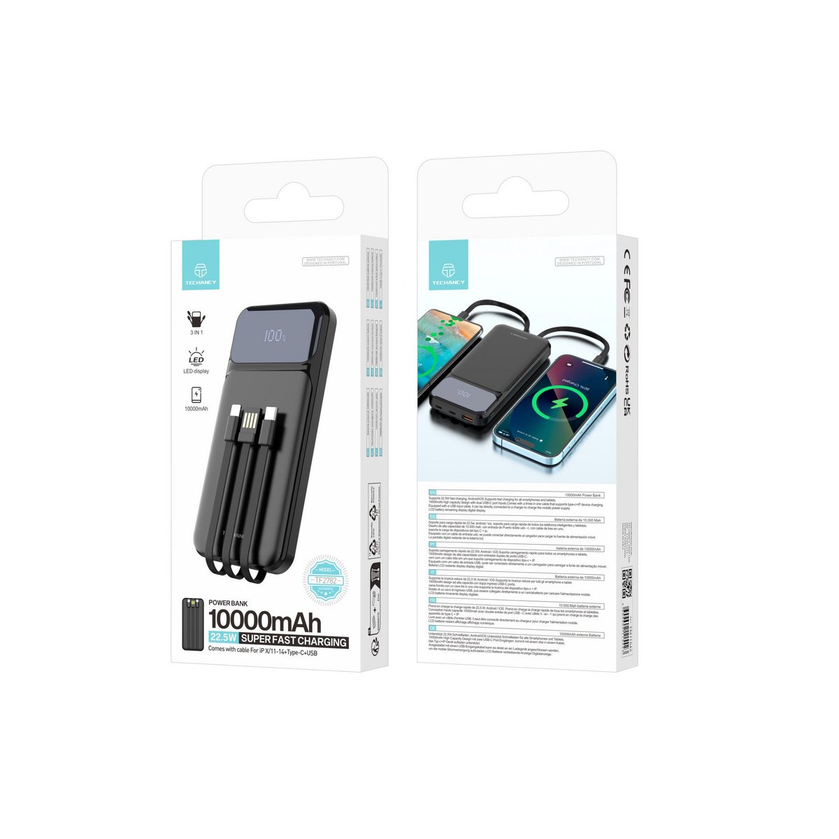 Techancy Powerbank 10000 mAh 22,5W USB-C 3in1 Kabel Display TF2782 Schwarz