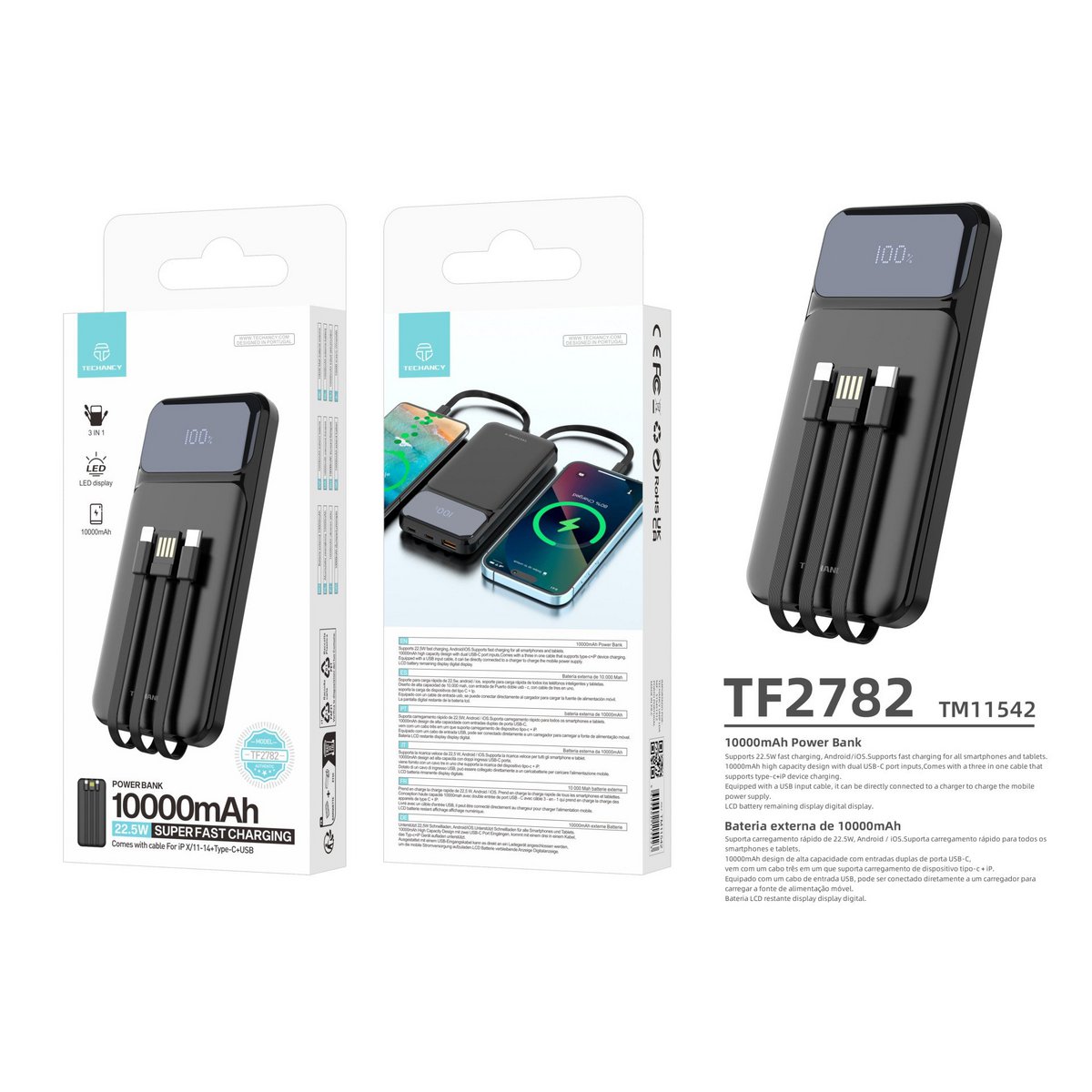 Techancy Powerbank 10000 mAh 22,5W USB-C 3in1 Kabel Display TF2782 Schwarz