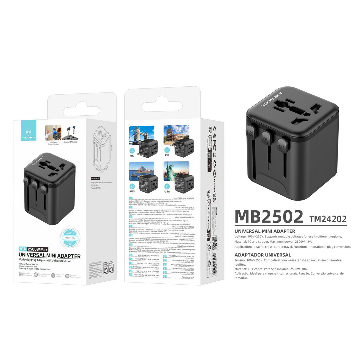 Techancy Universal Reiseadapter MB2502 2500W 10A UK EU US AUS Schwarz