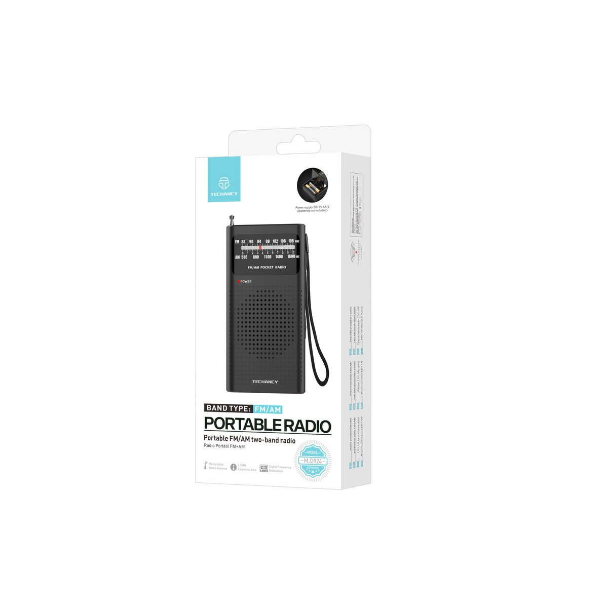 Techancy MJ2924 Tragbares Radio FM AM 3,5mm Kopfhörer Batteriebetrieb Schwarz