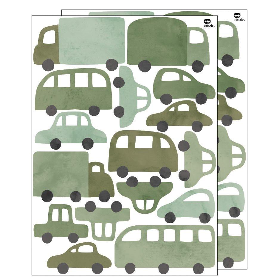 Wandaufkleber Autos & Lastwagen Blau – 16 Fahrzeug-Sticker aus mattem Vinyl, Kinderzimmer Deko, ablösbar, Aquarell-Design.