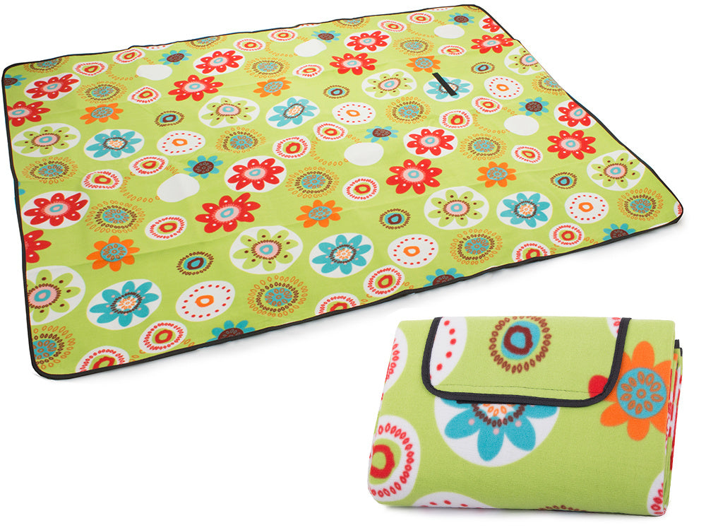 Picknickdecke 150 × 200 cm Grün mit Blumen – faltbare Strand- & Campingdecke wasserdicht