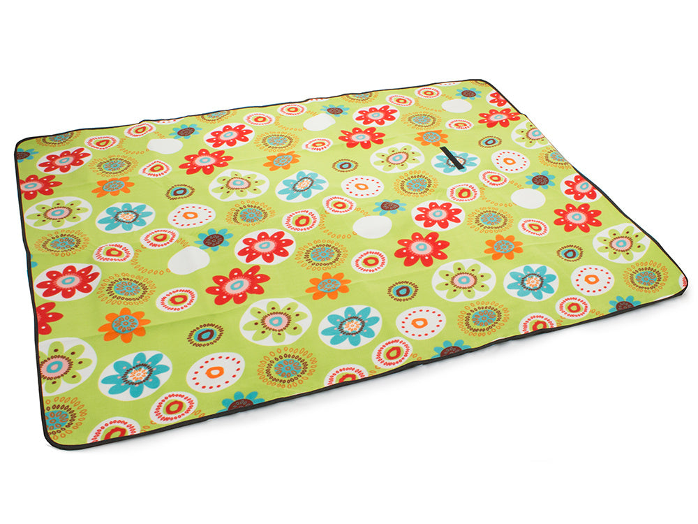 Picknickdecke 150 × 200 cm Grün mit Blumen – faltbare Strand- & Campingdecke wasserdicht
