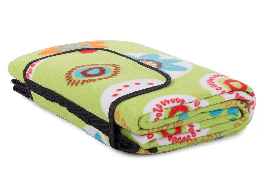 Picknickdecke 150 × 200 cm Grün mit Blumen – faltbare Strand- & Campingdecke wasserdicht.
