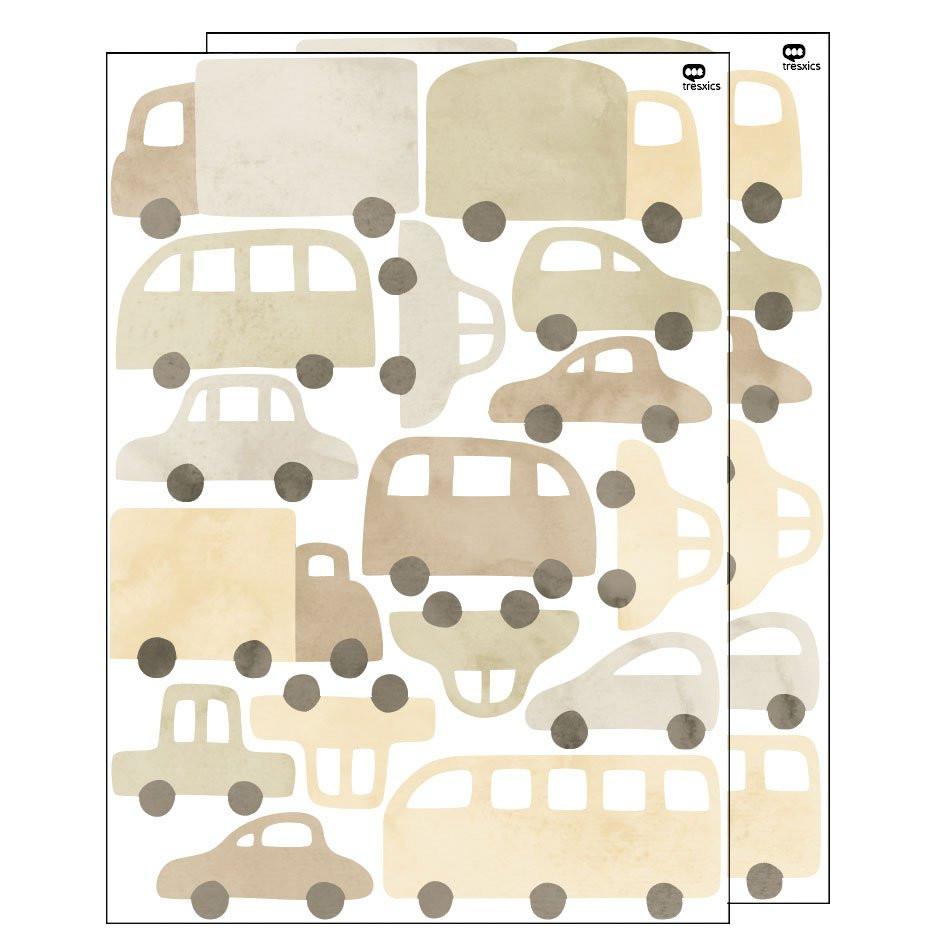 Wandaufkleber Autos & Lastwagen Blau – 16 Fahrzeug-Sticker aus mattem Vinyl, Kinderzimmer Deko, ablösbar, Aquarell-Design.