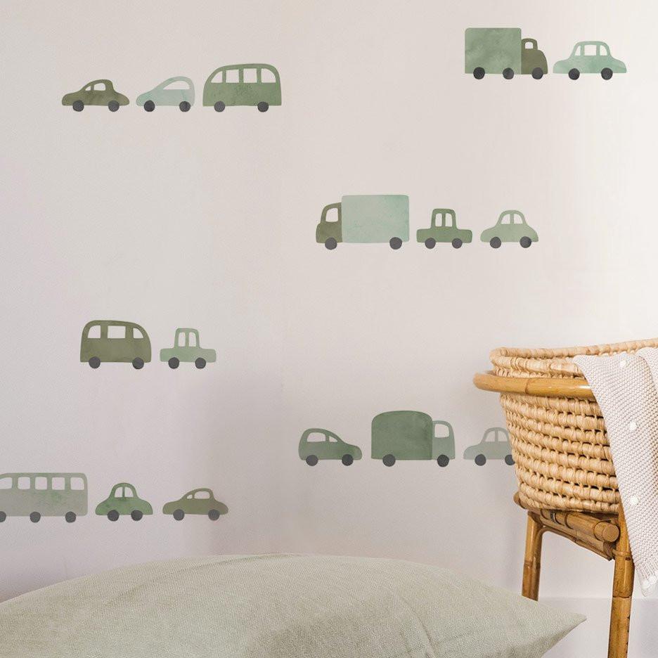 Wandaufkleber Autos & Lastwagen Blau – 16 Fahrzeug-Sticker aus mattem Vinyl, Kinderzimmer Deko, ablösbar, Aquarell-Design.