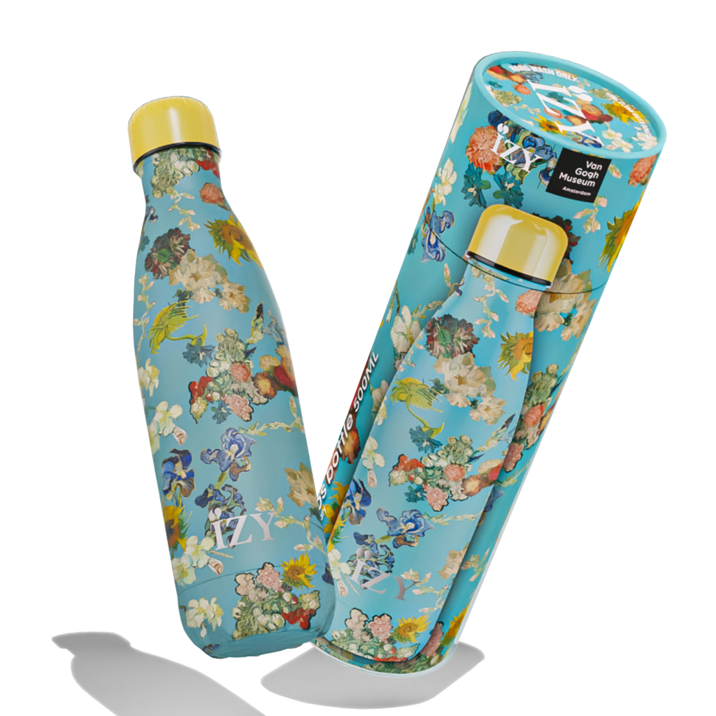 IZY Thermosflasche 500 ml Vincent’s Flowers – isolierte Edelstahl-Trinkflasche, doppelwandige Wasserflasche to go, Van Gogh Design.