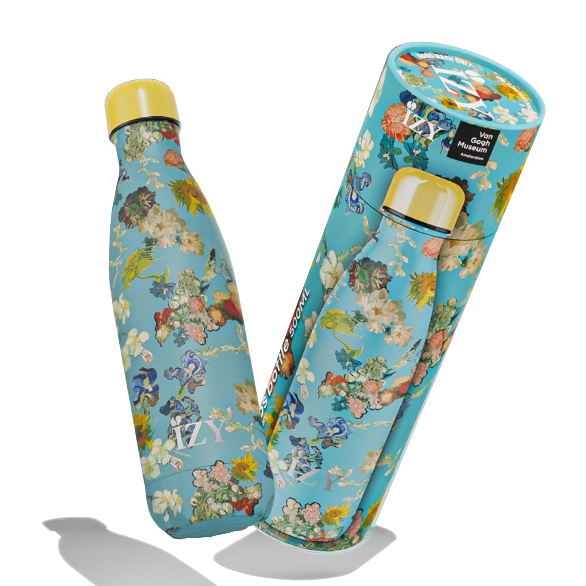 IZY Thermosflasche 500 ml Vincent’s Flowers – isolierte Edelstahl-Trinkflasche, doppelwandige Wasserflasche to go, Van Gogh Design.