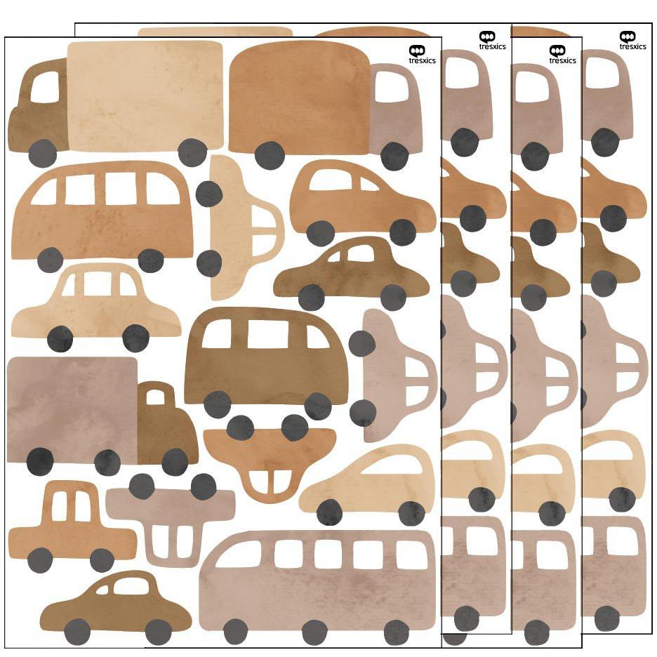 Wandaufkleber Autos & Lastwagen Blau – 16 Fahrzeug-Sticker aus mattem Vinyl, Kinderzimmer Deko, ablösbar, Aquarell-Design.