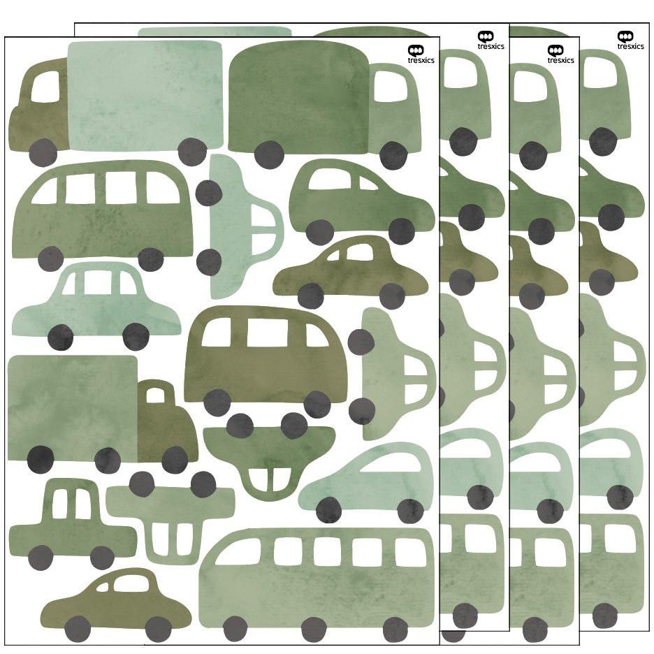 Wandaufkleber Autos & Lastwagen Blau – 16 Fahrzeug-Sticker aus mattem Vinyl, Kinderzimmer Deko, ablösbar, Aquarell-Design.