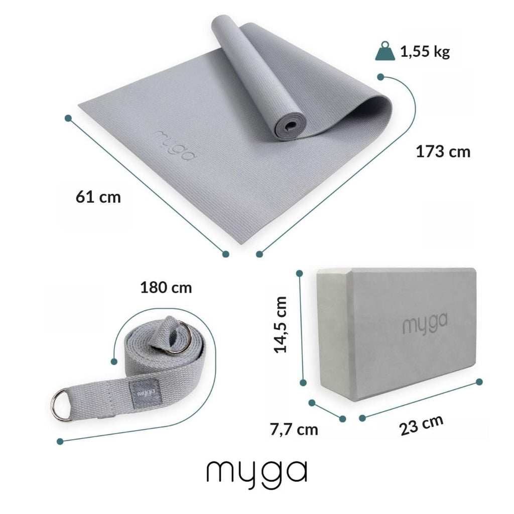 Myga Yoga-Starter-Set – Yogamatte, Yoga-Blöck Ziegel & Metall D-Ring Yoga-Gurt – Starter Kit für Anfänger ideal für Pilates, Yoga, Dehnung, Gesundheit & Fitness