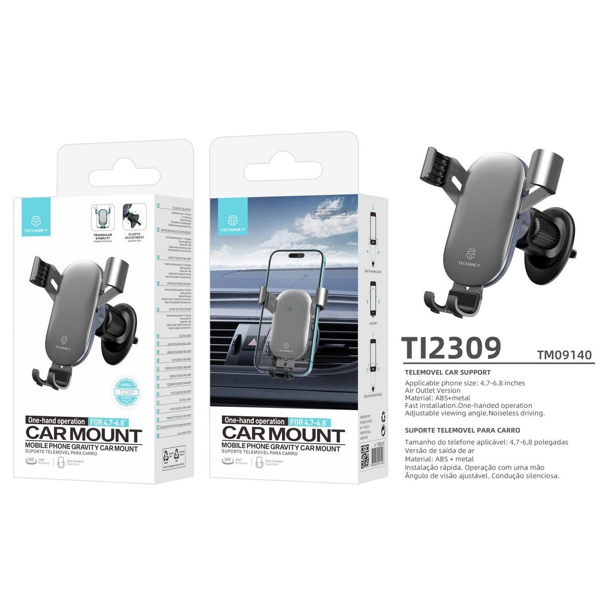 Techancy TI2309 Auto Handyhalterung 4,7–6,8 Zoll 360° Lüftung Grau