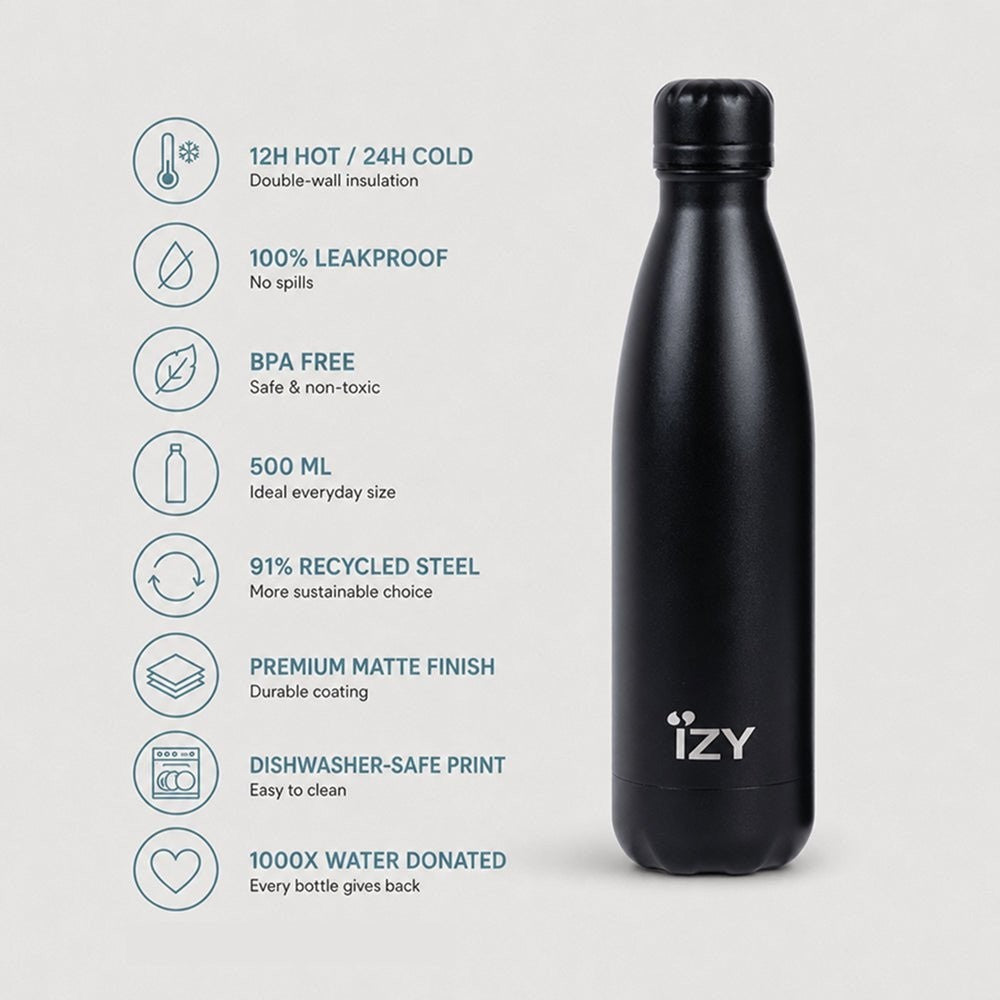 IZY Thermoflasche Schwarz 500 ml Edelstahl Isolierflasche To Go
