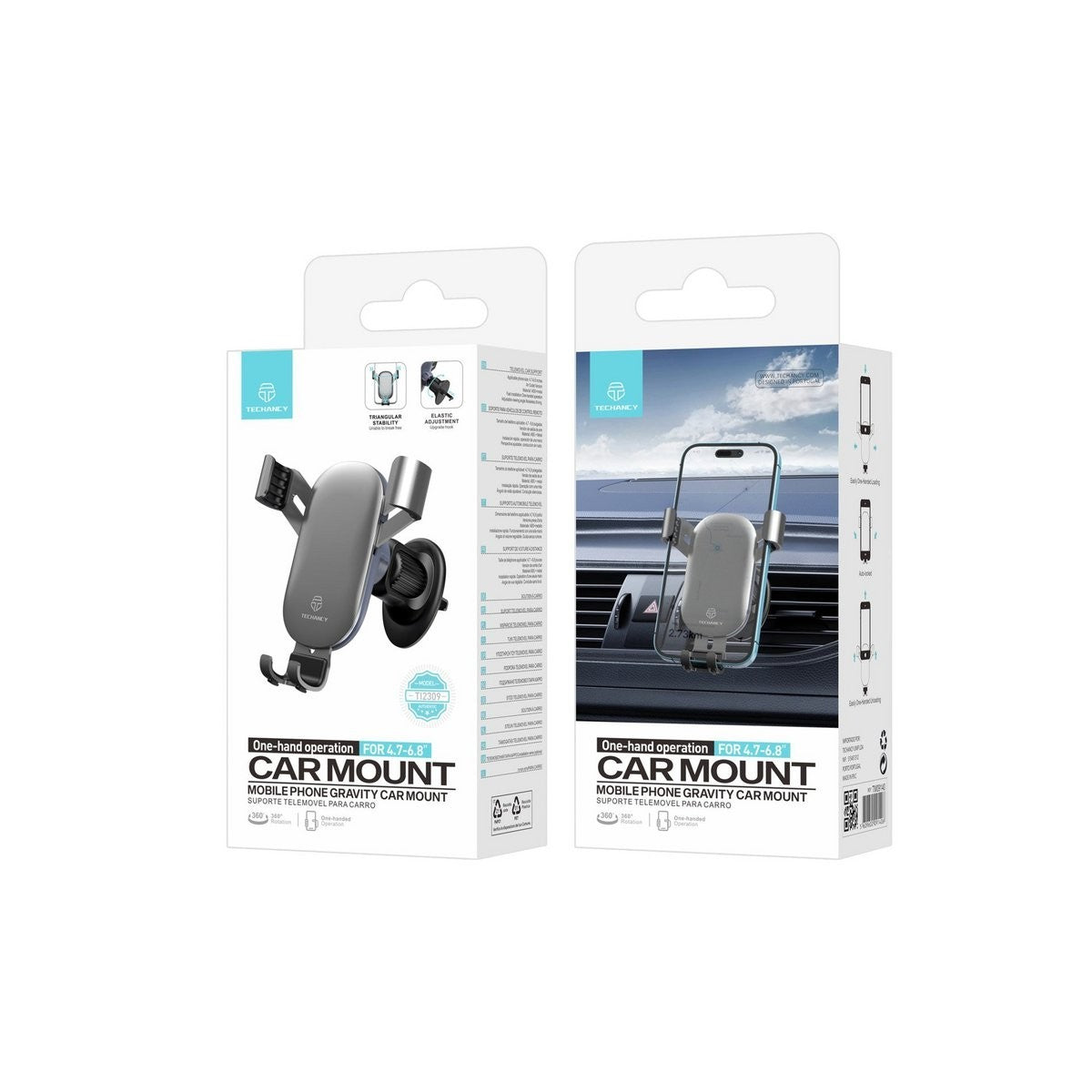 Techancy TI2309 Auto Handyhalterung 4,7–6,8 Zoll 360° Lüftung Grau