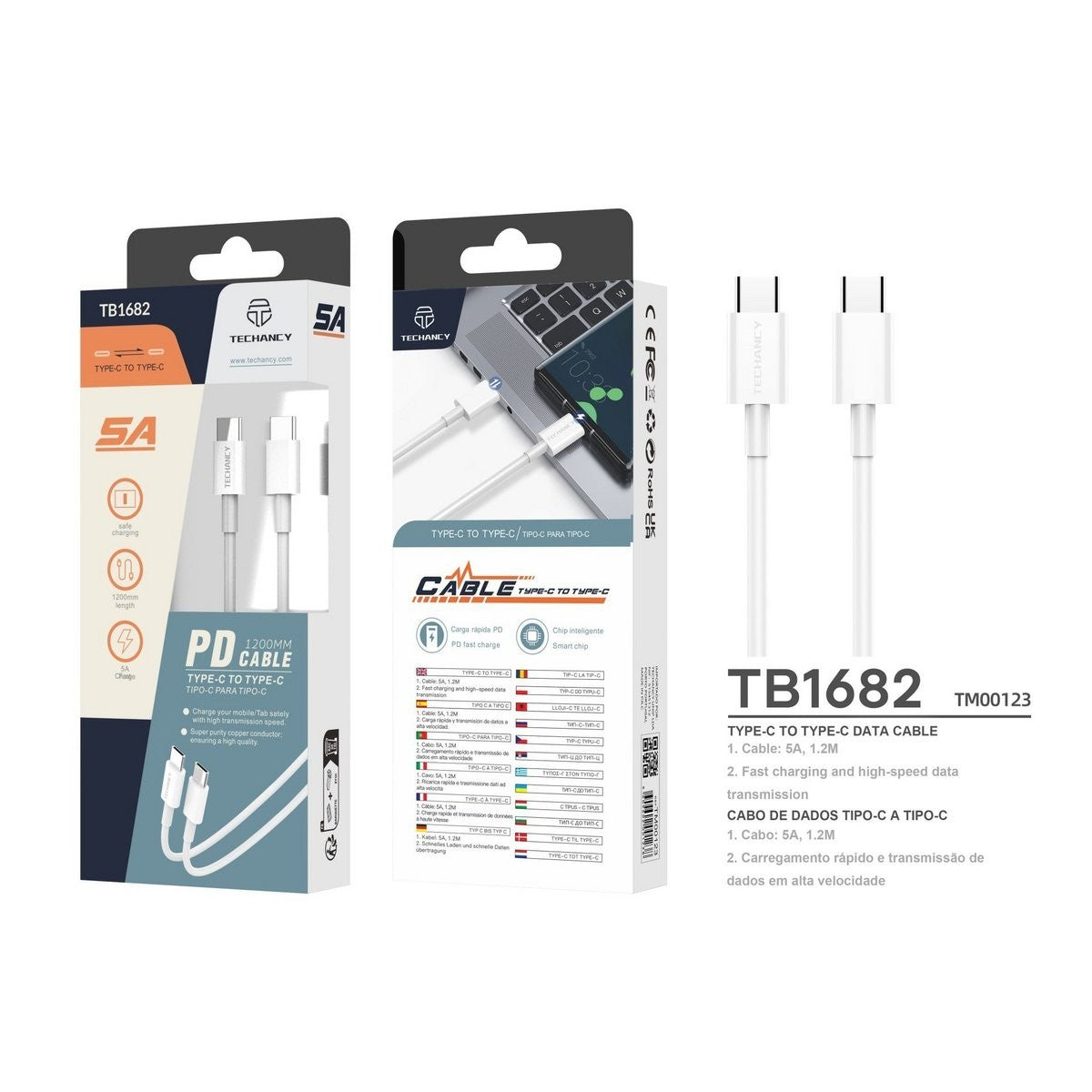 Techancy USB-C Kabel 1,2m 5A PD 18W Schnellladen Datenkabel USB-C auf USB-C