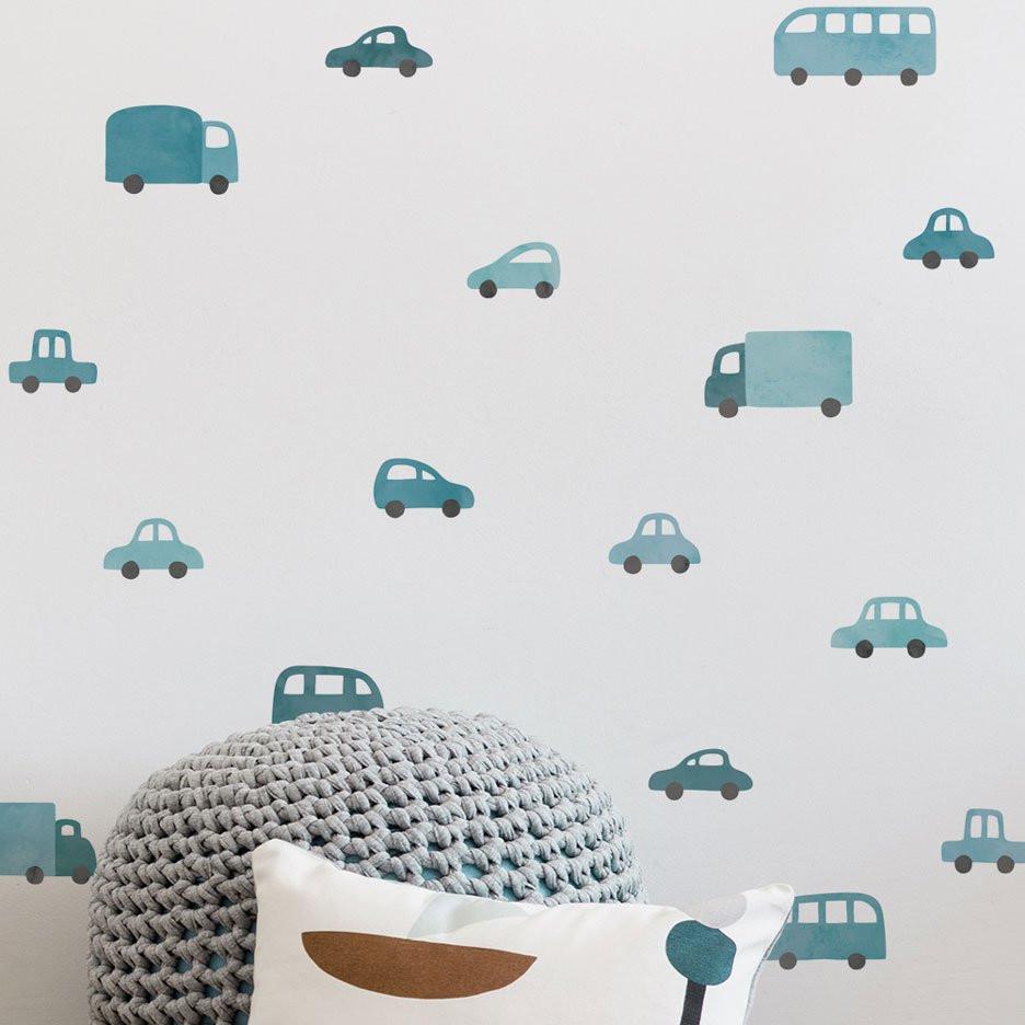 Wandaufkleber Autos & Lastwagen Blau – 16 Fahrzeug-Sticker aus mattem Vinyl, Kinderzimmer Deko, ablösbar, Aquarell-Design.