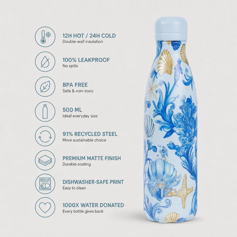 IZY Blu Marina Thermoflasche 500 ml Edelstahl Isolierflasche Blau Gold