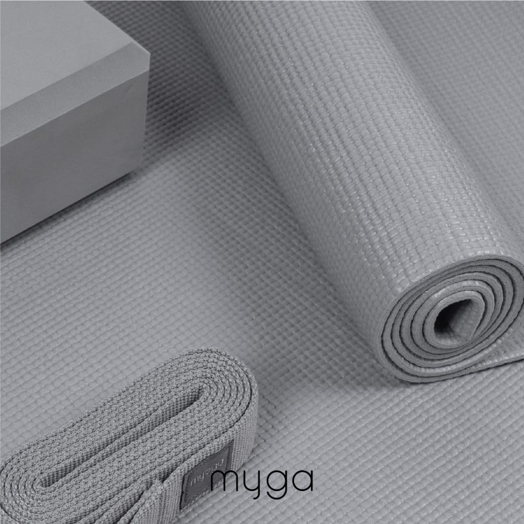 Myga Yoga-Starter-Set – Yogamatte, Yoga-Blöck Ziegel & Metall D-Ring Yoga-Gurt – Starter Kit für Anfänger ideal für Pilates, Yoga, Dehnung, Gesundheit & Fitness