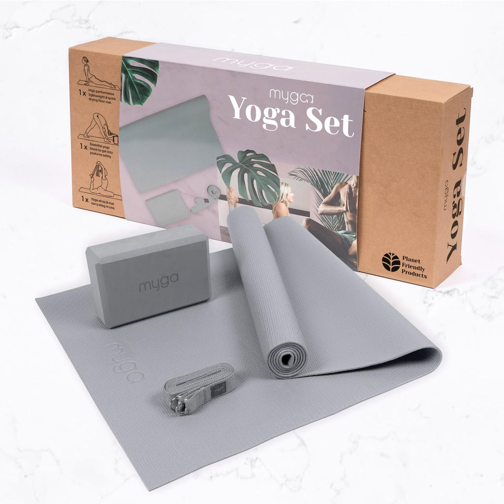Myga Yoga-Starter-Set – Yogamatte, Yoga-Blöck Ziegel & Metall D-Ring Yoga-Gurt – Starter Kit für Anfänger ideal für Pilates, Yoga, Dehnung, Gesundheit & Fitness