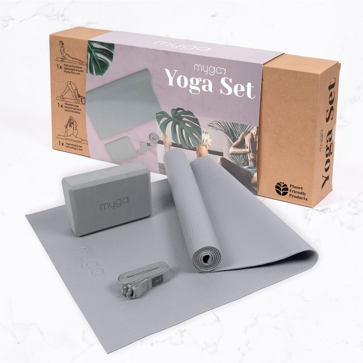 Myga Yoga-Starter-Set – Yogamatte, Yoga-Blöck Ziegel & Metall D-Ring Yoga-Gurt – Starter Kit für Anfänger ideal für Pilates, Yoga, Dehnung, Gesundheit & Fitness